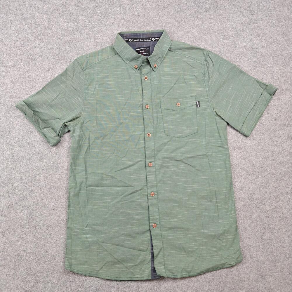 KAVU Shirt Mens Small Green Short Sleeve Striped Cotton Polyester Button-Up